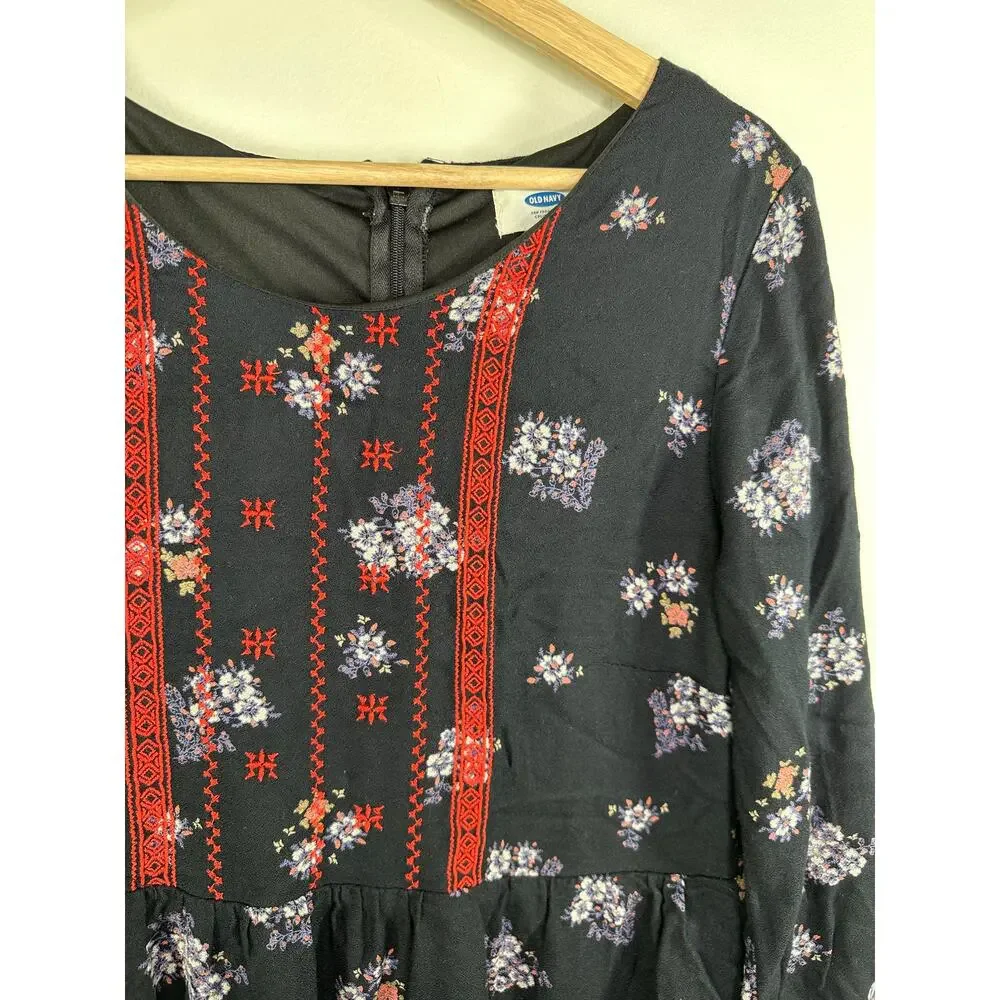 Old Navy Blue‎ Floral Print Long Sleeve Embroidered Dress Women Medium Boho